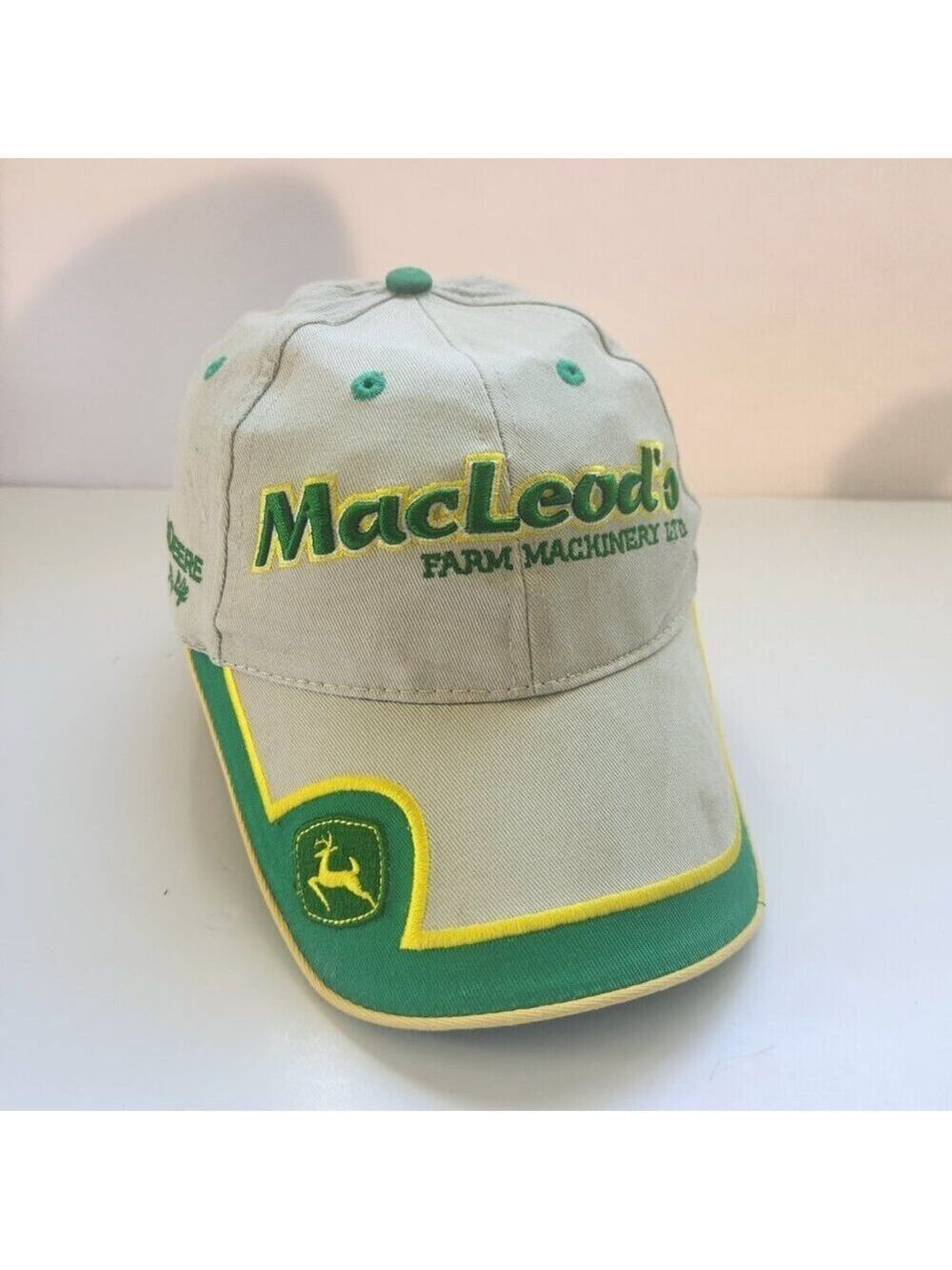 John Deere Hat Cap Strap Back Adjustable Embroidered Logos Beige Green Yellow
